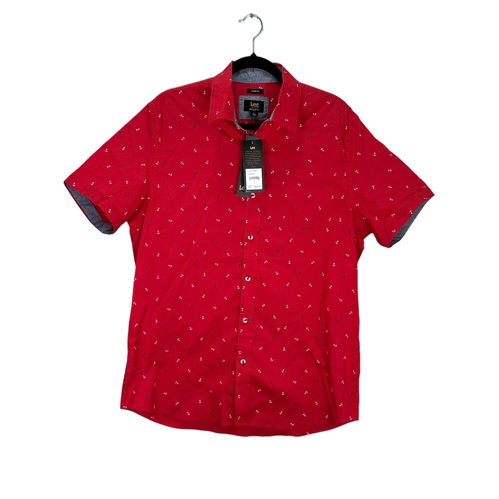 Lee NWT Men's Red and Blue Short Sleeve Stretch Button Down Anchor Shirt size L